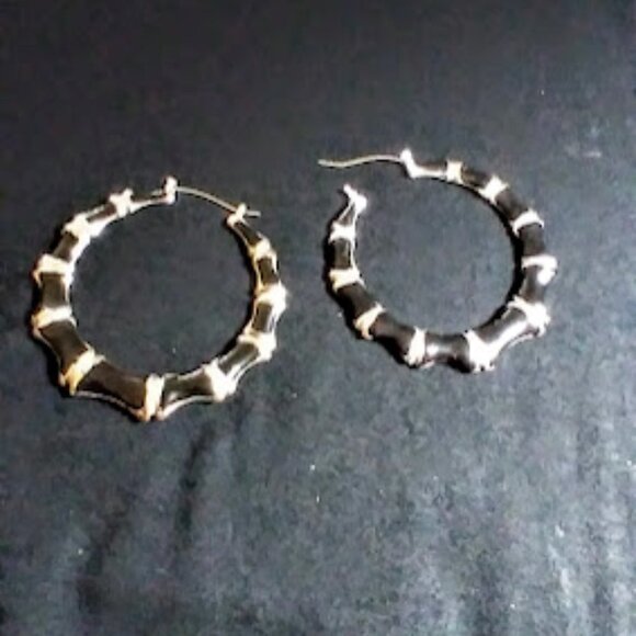Medium size bamboo section earrings Black & Silver Retro Hip Hop Style - Picture 1 of 11